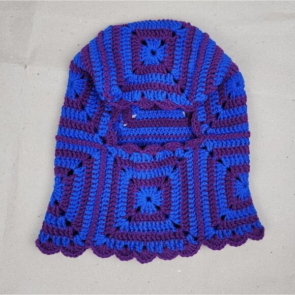 New Crochet Handmade Balaclava Granny Square Blue Purple Scalloped Edges - Picture 7 of 16